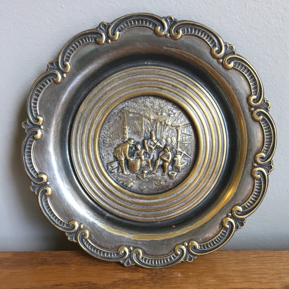 Vintage Hans Jensen Silver Repousse Plate Dish Marked Stamped Revelers